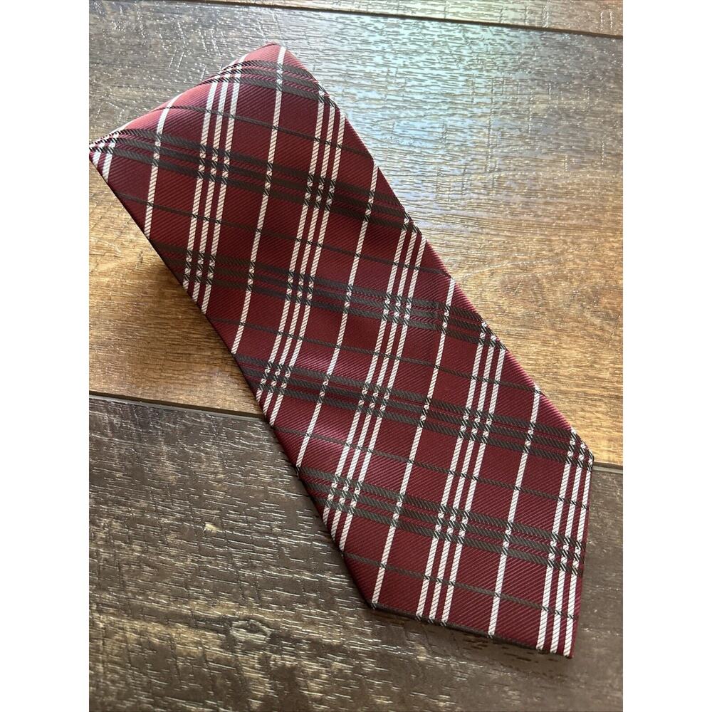 Clericci Silk Tie Red Maroon Gray Plaid‎ Men Necktie
